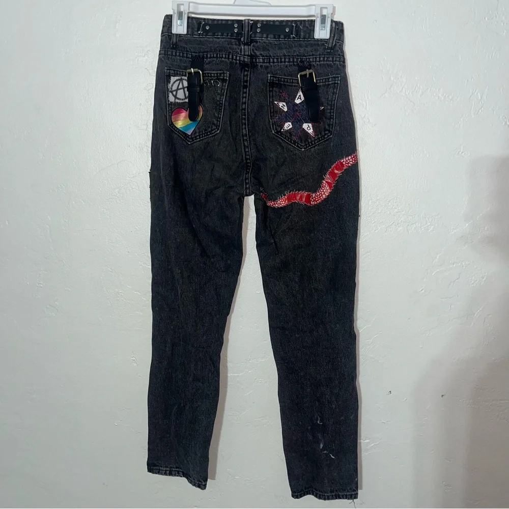 Punk’s Not Dead Grunge Jeans with Chains Embellished Patches Handmade Crust Goth - Picture 3 of 12